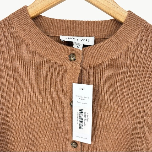 NWT Amour Vert Lily Rib-Knit Cropped Cardigan Sweater | Sz Medium | Camel Tan - Picture 5 of 13